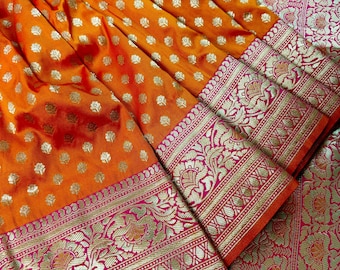 Bright Fanta Orange Traditional Banarasi handloom Saree Silk with Pink Borders and Pallu