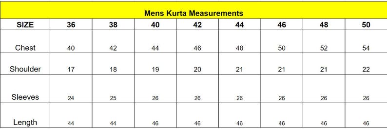 Pu&ograve; includere: Un grafico che mostra le misure della kurta da uomo in pollici per diverse taglie, che vanno dal 36 al 50. Il grafico include le misure per il petto, la spalla, le maniche e la lunghezza.
