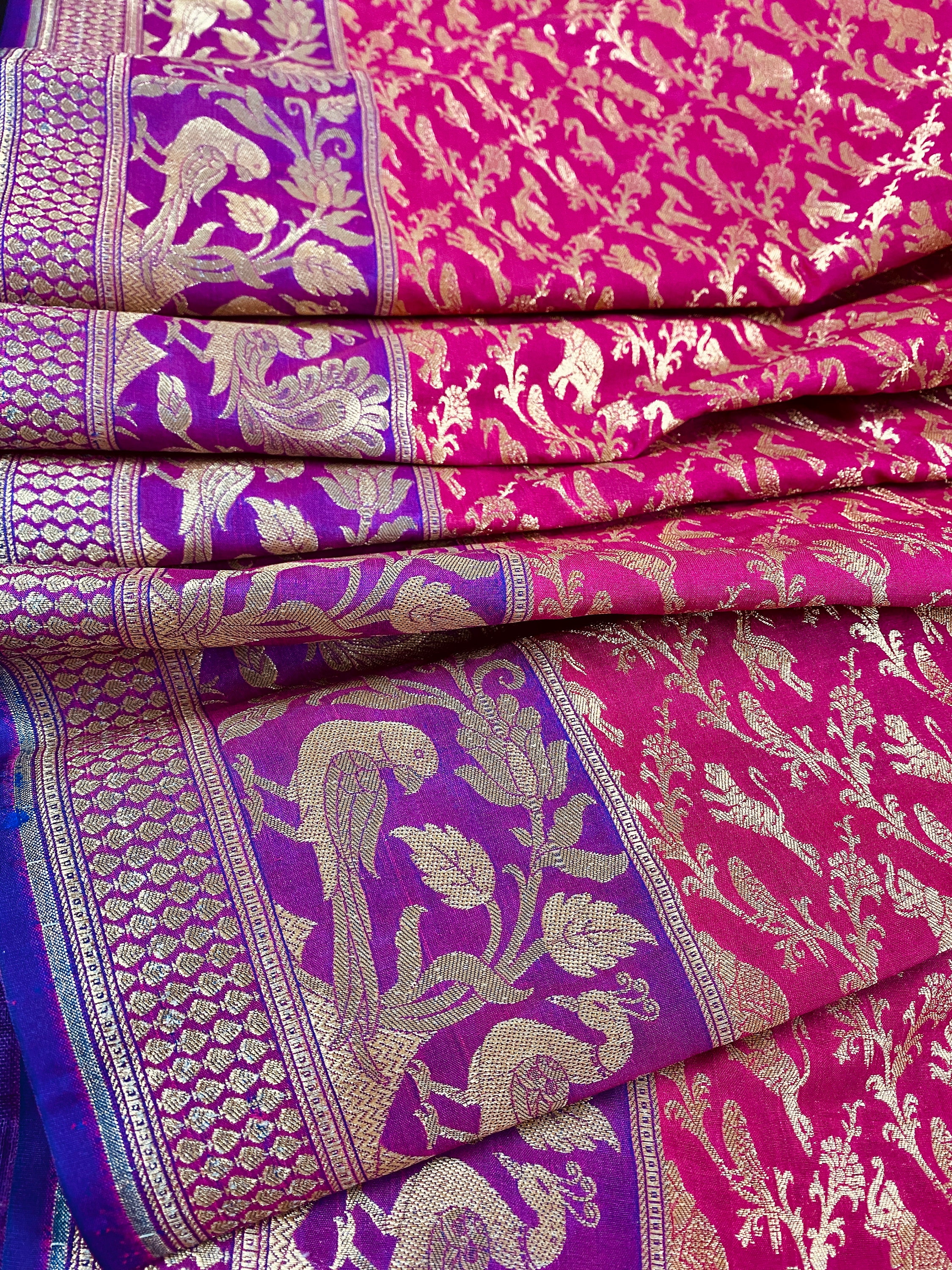 Magenta With Purple and Blue Color Combination Banarasi Silk Shikargah Saree  in Zari Weave Work Shikargah Sarees Kaash Collection -  Norway