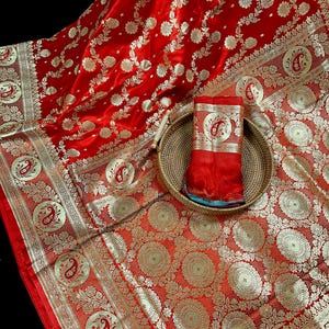 Bright Red Traditional Banarasi Satin Silk Saree with Gold Zari Jaal Weave