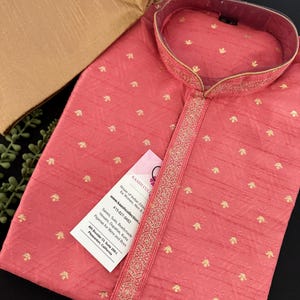 Strawberry Pink Color Soft Silk Men Kurta with Self Design material with small Zari Weave butti | Kurta with Lining | Pink Color Kurta