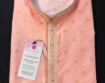 Readymade Pink Color Men Kurta Pajama Set with designer pattern in Raw Silk with lining | Festival and Wedding Mens Wear | Kaash Kurta