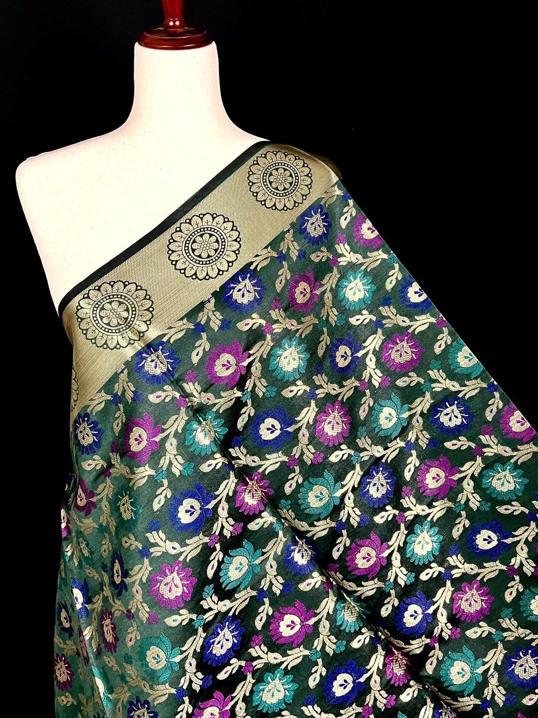 Bottle Green Mirror Work Silk Dupatta main image 0
