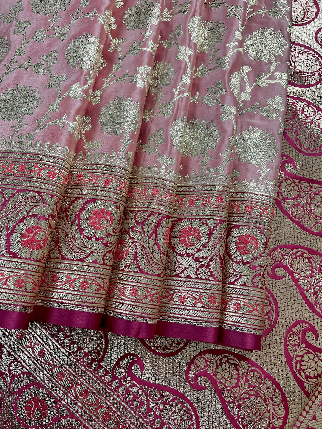 Vistavelle Rose Pink Digital Cluster Print Saree with Banarasi Border main image 1
