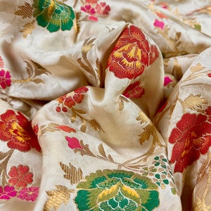 Statement Creamy White with tint of Gold Pure Satin Silk Saree with Handwoven Floral Meenakari Floral Jaal Weave | SILK MARK CERTIFIED