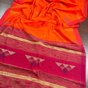 Sari naranja brillante con borde rosa / Sari de seda de algodón hecho a mano con kantha y gicha