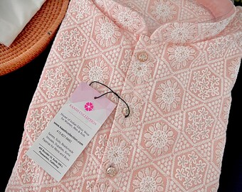 Set pigiama Chikankari Kurta rosa pesca / Ricamo con paillettes in cotone Lucknowi