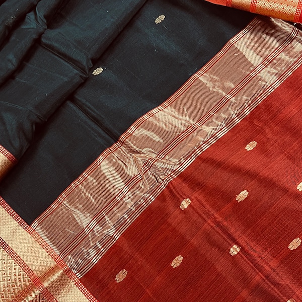 Black and Maroon Color Pure Royal Maheshwari Handloom Silk  Saree with Zari Weaving and small Buttis all over | Gold Zari Weave | Silk Saree