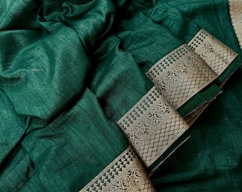Green Art Silk Saree with Lace Borders, Plain Body Work Blouse