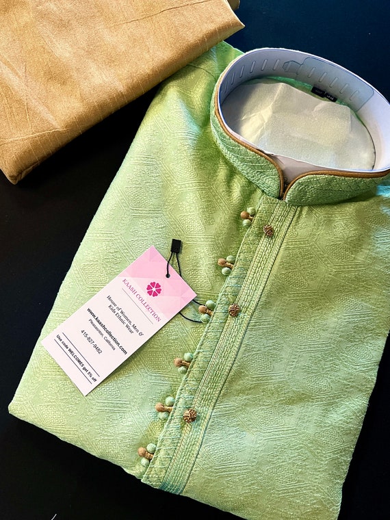 Green Color Raw Silk Indian Men Kurta Pajama 2pcs Set Mens Ethnic Wear Floral Embroidery Self Design Pattern Kaash Kurta Pajama Set Etsy Canada