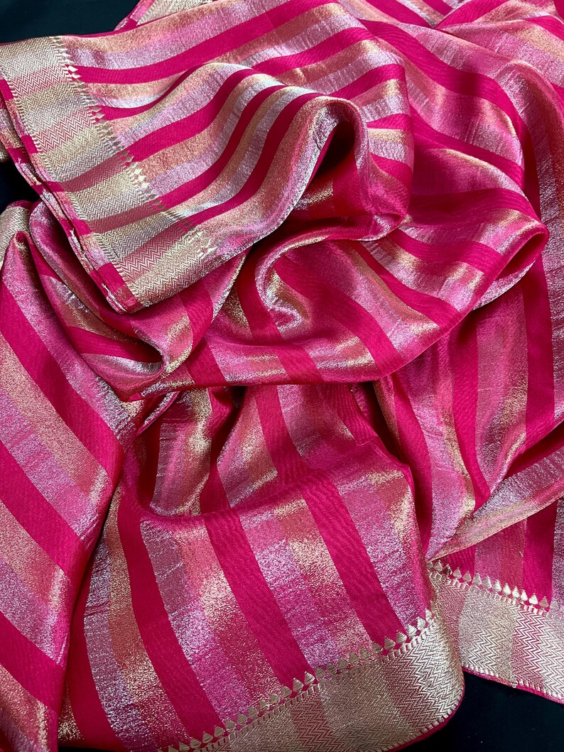 Statement Handmade Hot Pink Color Striped Banarasi Satin Tissue Silk