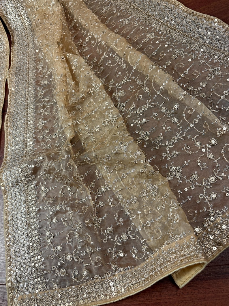 Statement Gold Beige Color Organza Silk Dupatta with Muted Gold Zari, Embroidery and Sequin | Wedding Dupatta | Dupatta for Lehangas image 5