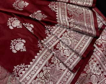 Maroon Color Mashru Silk Handloom Saree with Muted Gold Zari Weave | Banarasi Mashru Silk Saree
