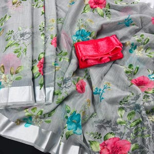 Grey Color Saree with Floral Digital Prints | Butter Soft Cotton Silk Saree | Light Weight Printed Saree