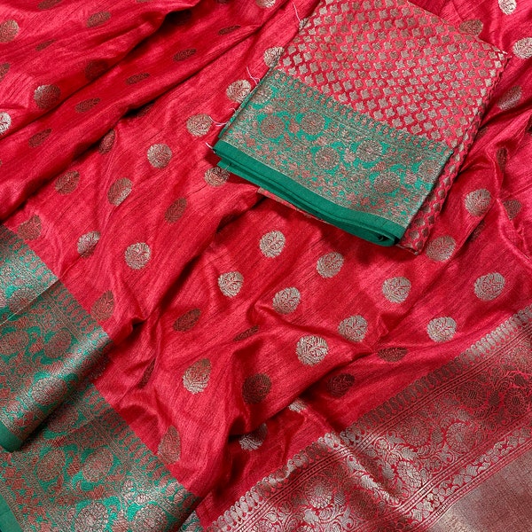 Red with Green Combination Semi-Tussar Silk Saree With Antique Zari Weaving Work  |  | Kaash Collection