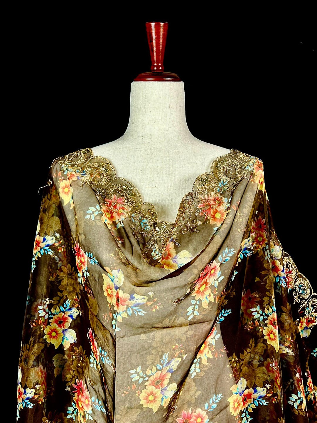 Olive Printed Organza Dupatta main image 1