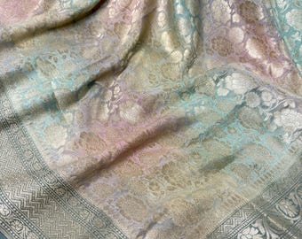 Celebrity Inspired Pastel Soft Aqua with Multi Soft Color Pure Khaddi Georgette Banarasi Silk Saree SILK MARK CERTIFIED