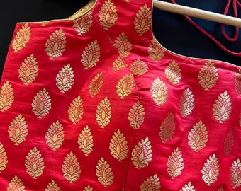 Red Banarasi Silk Blouse | Gold Buttis, Sleeveless Readymade Top