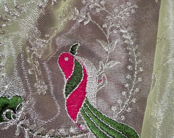 Dupatta de red de tejido en color verde pistacho pastel con motivos de zari plateado/loro/dupatta en color azul/dupatta para regalar