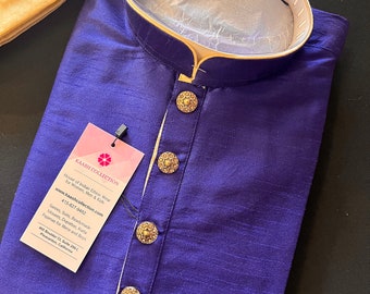 Size 36, Royal Blue Silk Men's Kurta Pajama Set | Antique Buttons, Light Beige Pajama