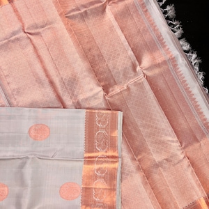Grey Pure Kanjivaram Silk Saree - Antiquec Copper Color Zari - Heirloom Kanchipuram Pure Silk Sari -  SILK MARK CERTIFIED