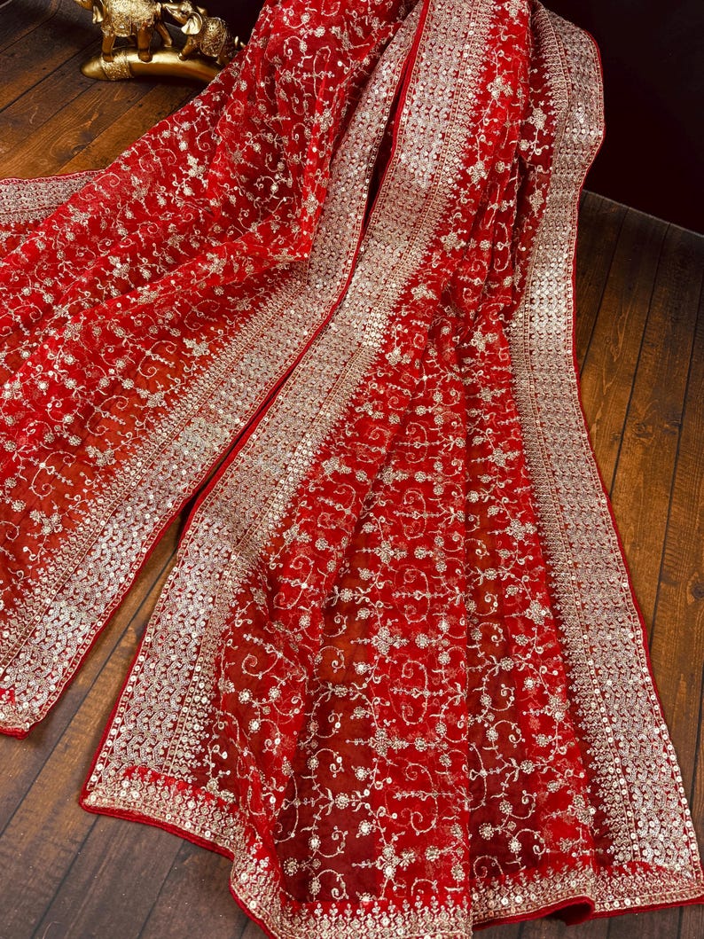 Statement Red Color Organza Silk Dupatta With Muted Gold Zari ...