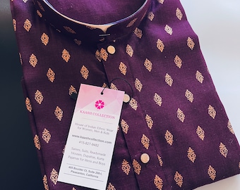 Eggplant Purple Color Premium Pure Cotton Kurta Pajama Set for Men with small Self design Buttis | Cotton Men Kurtas | Ships California