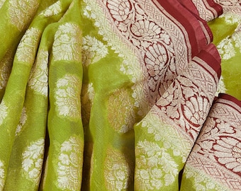 Sari de seda georgette Banarasi pura verde lima con rojo brillante con zari dorado con estampado floral y buttas / CERTIFICADO SILK MARK