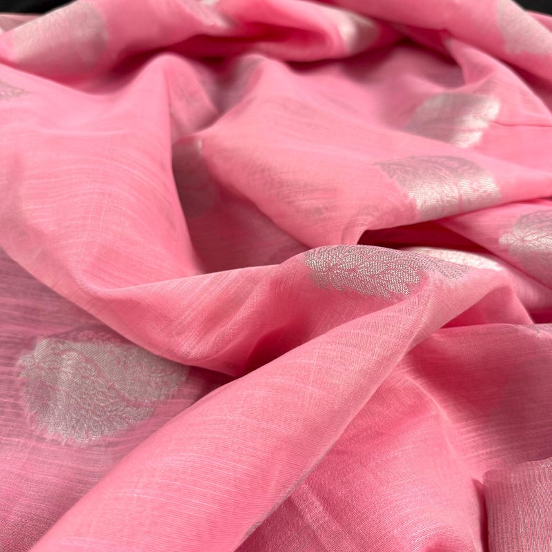 Linen Saree - White x Pink main image 1