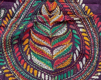 Wine Color Kantha Stitch Saree | Bangalori Silk Saree | Handwoven Kantha Stitch Saree | Multi Color Kantha Stitch Silk Saree