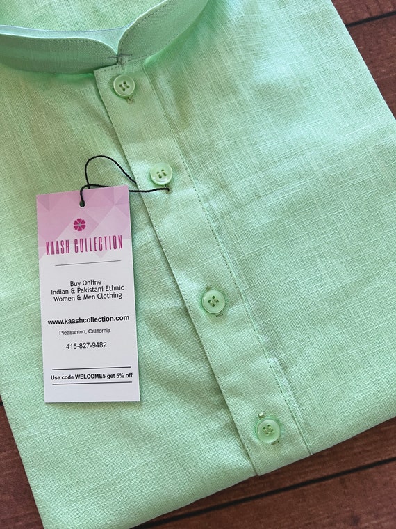 Light Green Color Cotton Linen Kurta Pajama for Men with White Pajama Cotton Linen Kurtas Linen Kurta for Men Kaash Collection