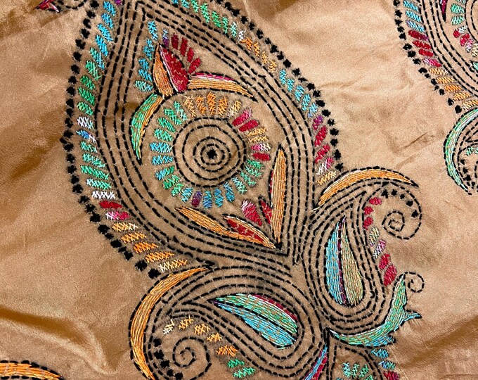 Teal Blue Kantha Stitch Saree in Silk with Gold Border
