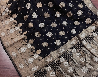 Black Organza Silk Saree with Antique and Sliver Zari, Floral design