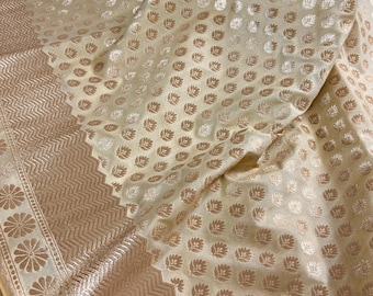 Beige Cream Color Saree with Muted Gold Zari Waave | Traditional Banarasi Soft Silk Handloom Saree
