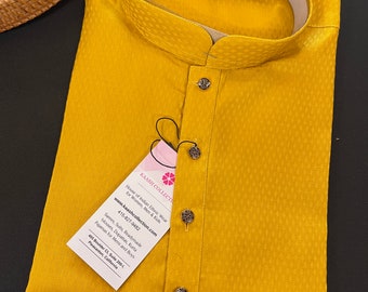 Size 38 | Mustard Yellow Soft Silk Self Design Men Kurta with White Cotton Pajama | Mens Party Wear Clothing | Indian Ethnic Men Wear in USA