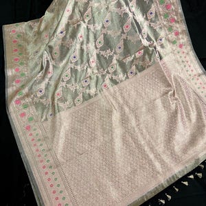 Statement Handmade English Gray Banarasi Organza Tissue Silk Saree with Meenakari and Jaal Pattern