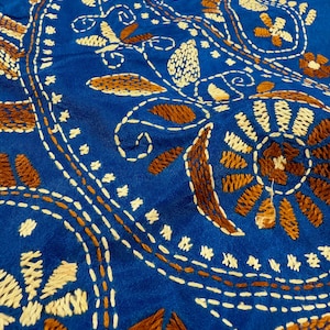 Blue Color Bangalori Silk Saree with Hand Kantha Stitch | Handwoven Kantha Stitch Sarees | Kantha Saress | Silk Sarees | Bengal Sarees