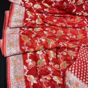 Tomato Red Color Pure Georgette Chiffon Silk Saree with Sliver Zari Weave and hand brush Work | SILK MARK CERTIFIED | Kaash Collection