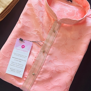 Pink Color Soft Silk Men Kurta Pajama for Men with Self Design material in Floral Pattern  | Soft material Kurtas in USA | Mens Ethnic Wear