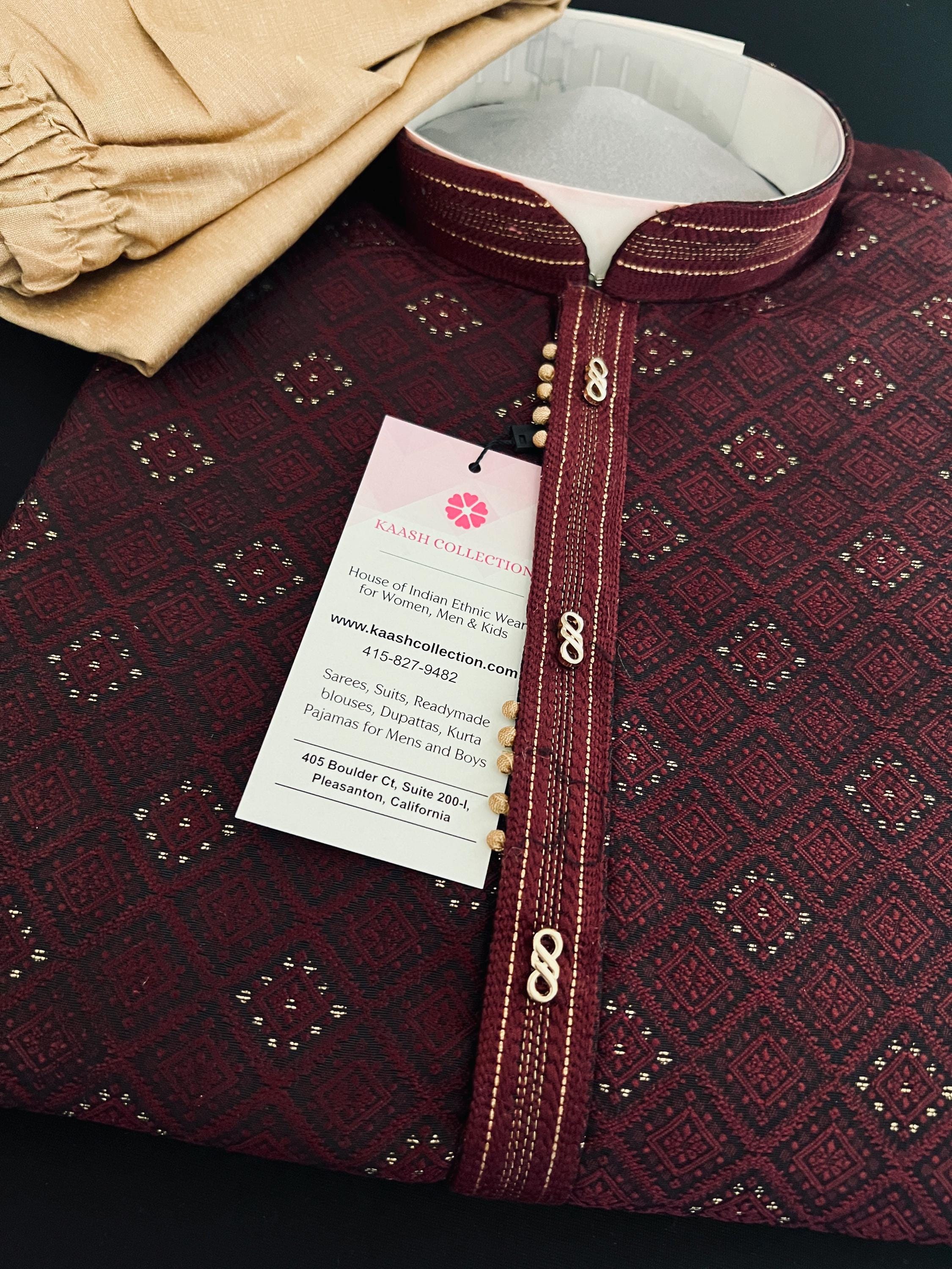 Wine Color Indian Kurta for Men | Embossed Embroidery and