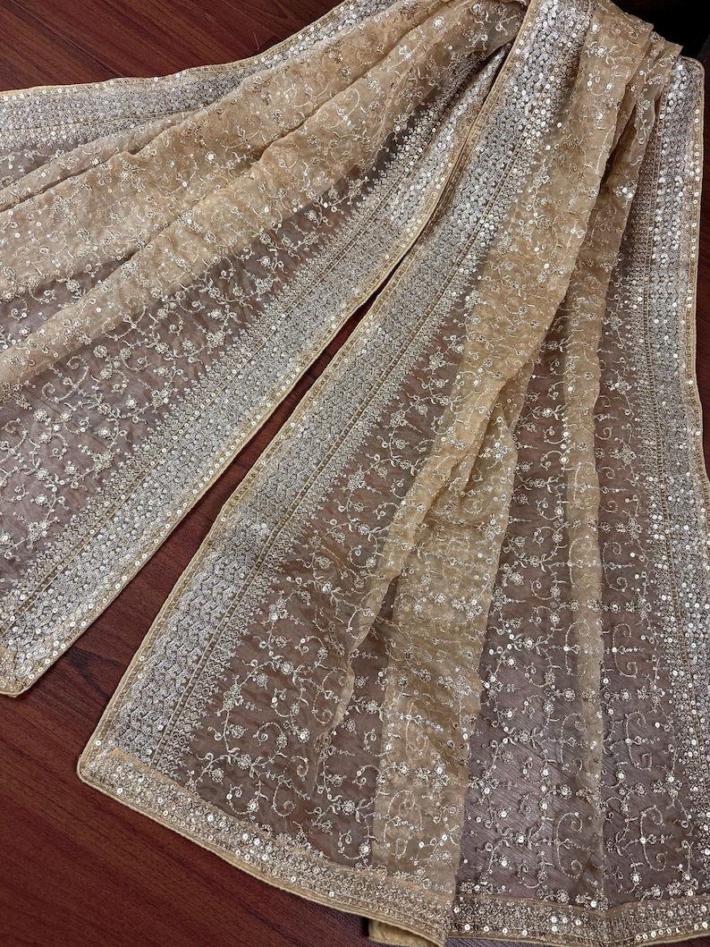Statement Gold Beige Color Organza Silk Dupatta with Muted Gold Zari, Embroidery and Sequin | Wedding Dupatta | Dupatta for Lehangas image 1