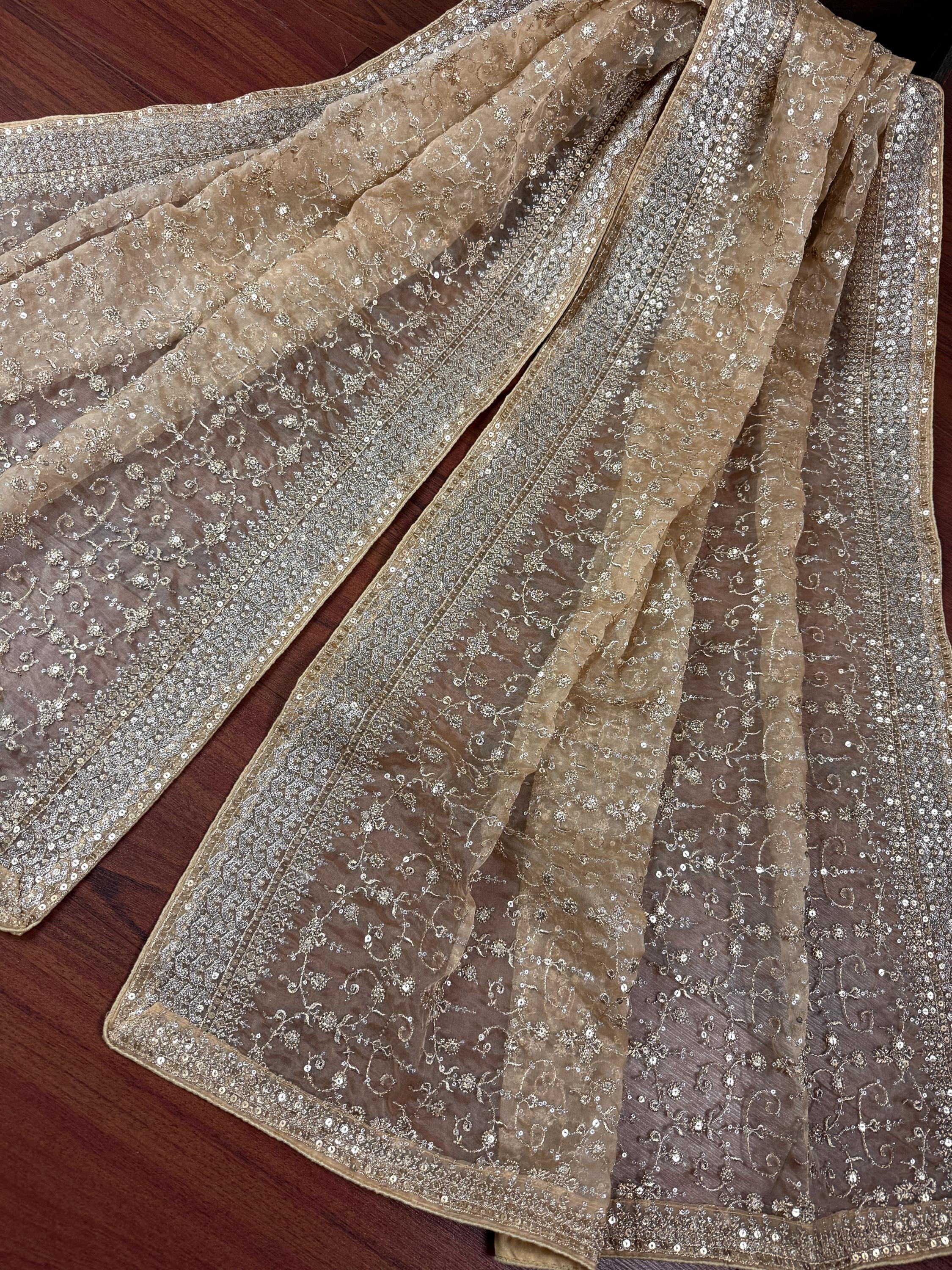 Gold Beige Organza Silk Dupatta, Zari Embroidery Sequin Wedding Accessory