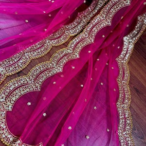 Deep Fuchsia Pink Color Net Dupatta with Zari, Sequin and Beads | Pink Color Dupatta | Sequin Dupatta | Indian Dupatta for Lehanga