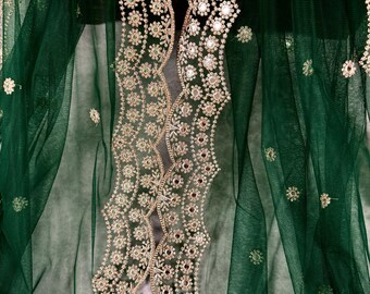 Bottle Green Color Soft Net Dupatta With Muted Gold Zari and