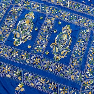 Royal blue color Bangalori Silk Saree with Hand Kantha Stitch | Handwoven Kantha Stitch Sarees | Kantha Saress | Silk Sarees