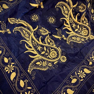 Midnight Blue Color Bangalori Silk Saree with Hand Kantha Stitch with Yellow Color Kantha | Handwoven Kantha Stitch Sarees