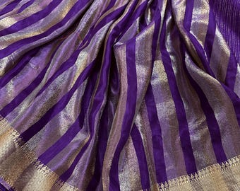 Statement Handmade Purple Color Striped Banarasi Satin Tissue Silk Saree