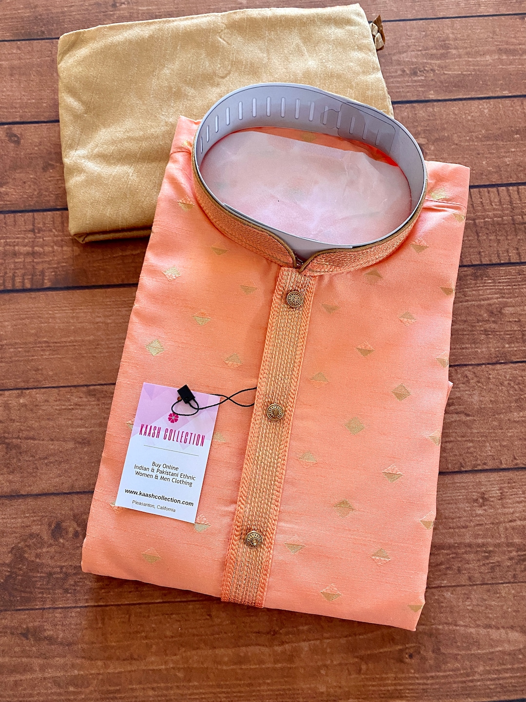 Peach Jacquard Silk Kurta Pyjama Set for Men
