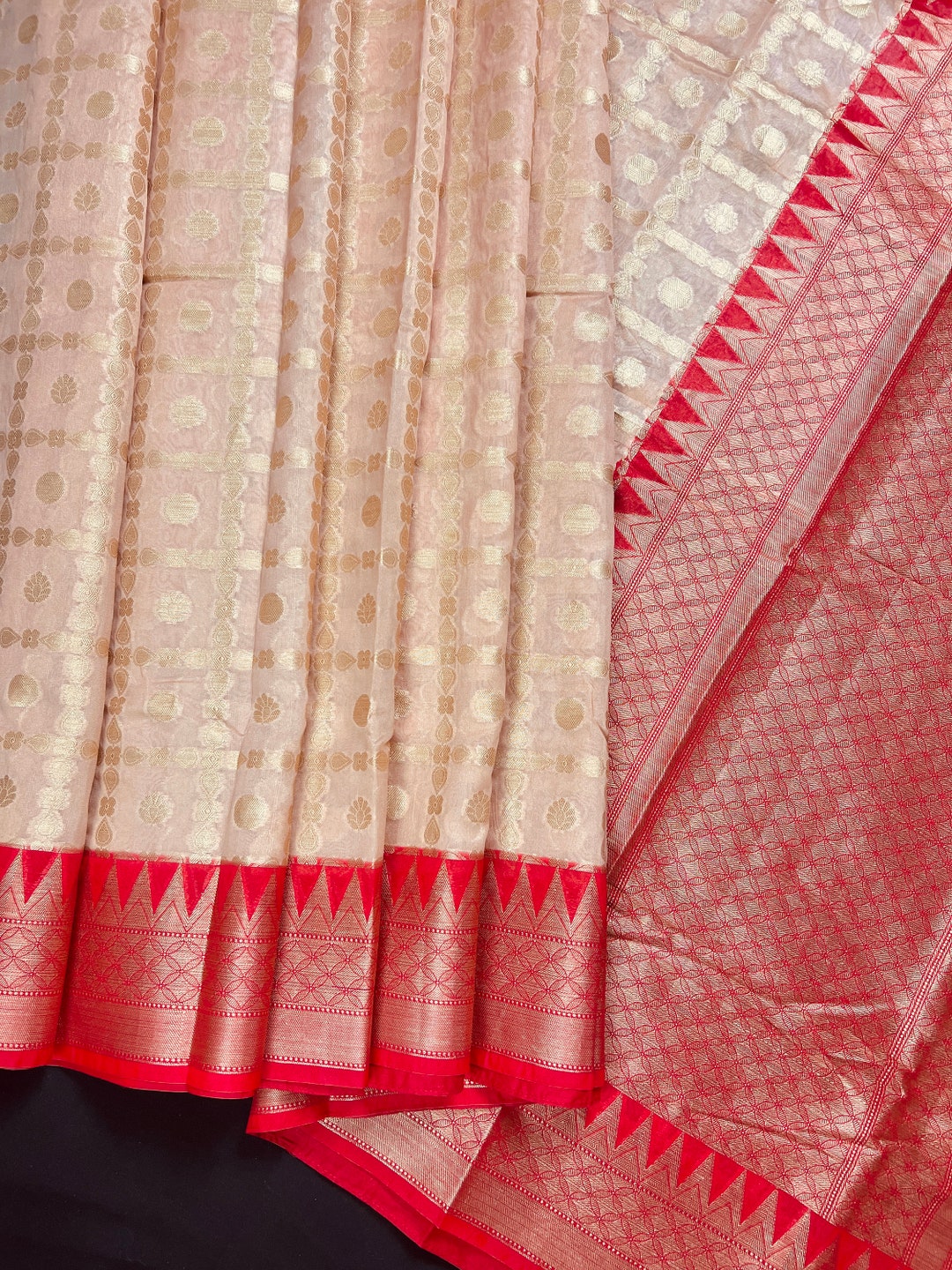 Red with Beige Banarasi Soft Tissue Silk Saree main image 1
