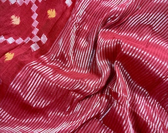 Red Color Bengal Linen Jamdani Handwoven Saree in Patola deisgn with Sliver Zari and Meenakari